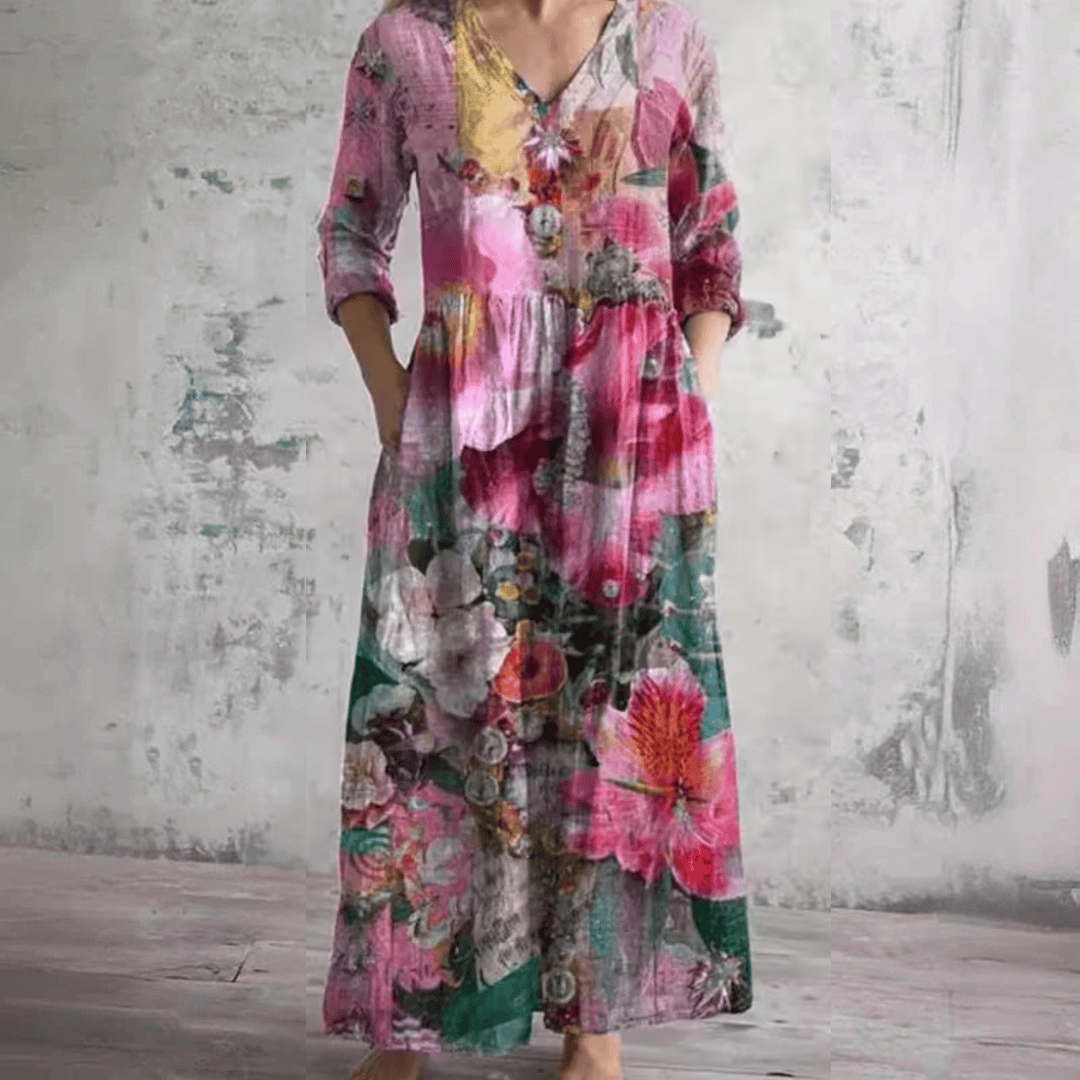 Robe d'été fleurie Lynn™ rose, manches 3/4 et col en V