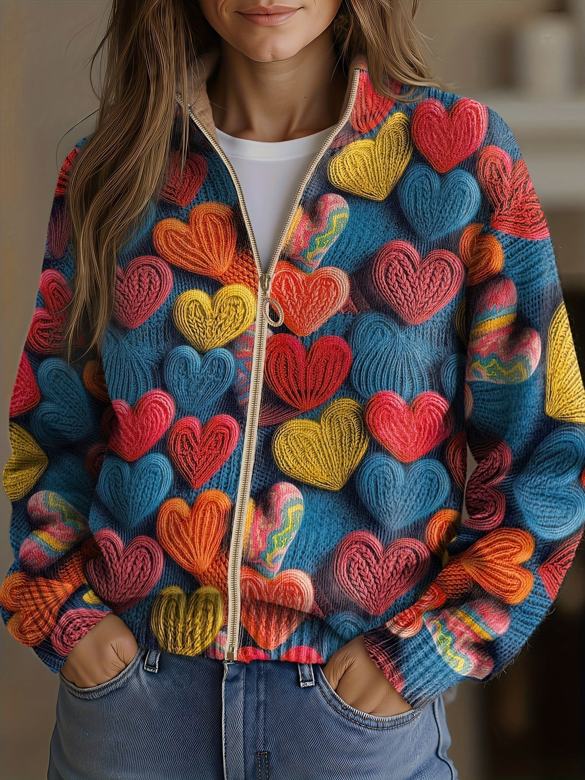 Valentine | Motif tricoté texturé avec cœurs multicolores