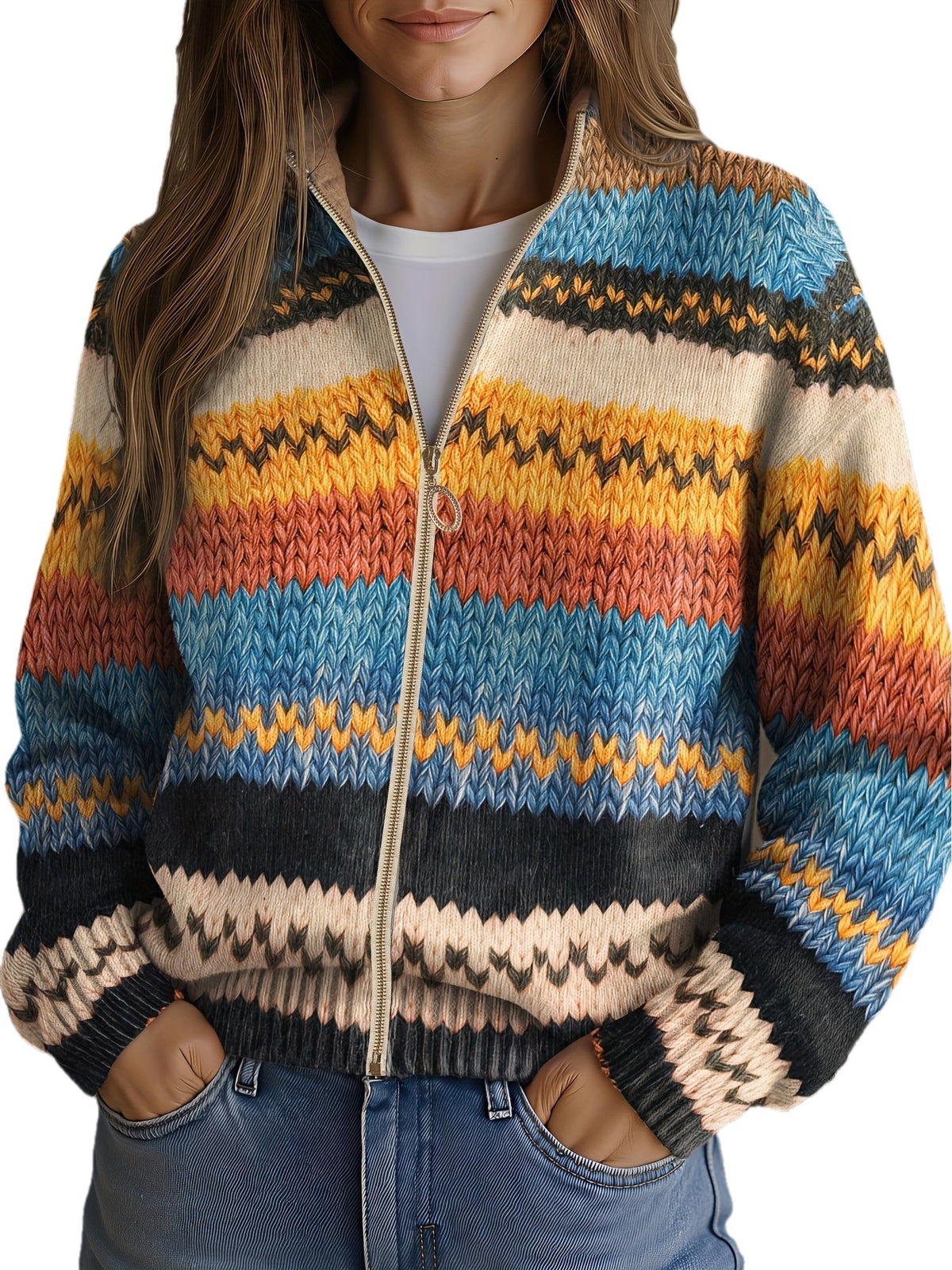 Yseult | Cardigan en maille à rayures zigzag multicolores