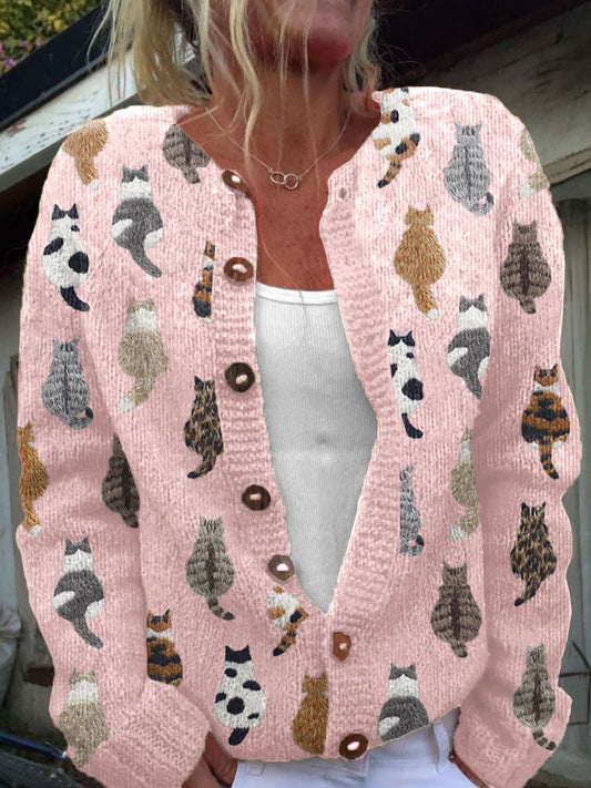 Cardigan douillet rose à imprimé de chats, manches longues, boutonné
