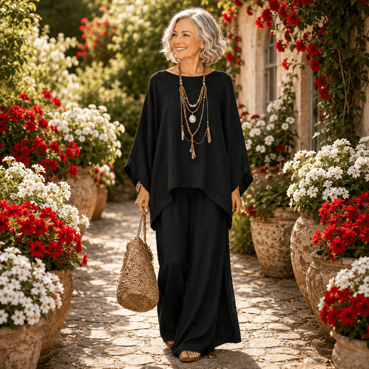Ensemble noir ample: tunique et pantalon long assortis, col rond