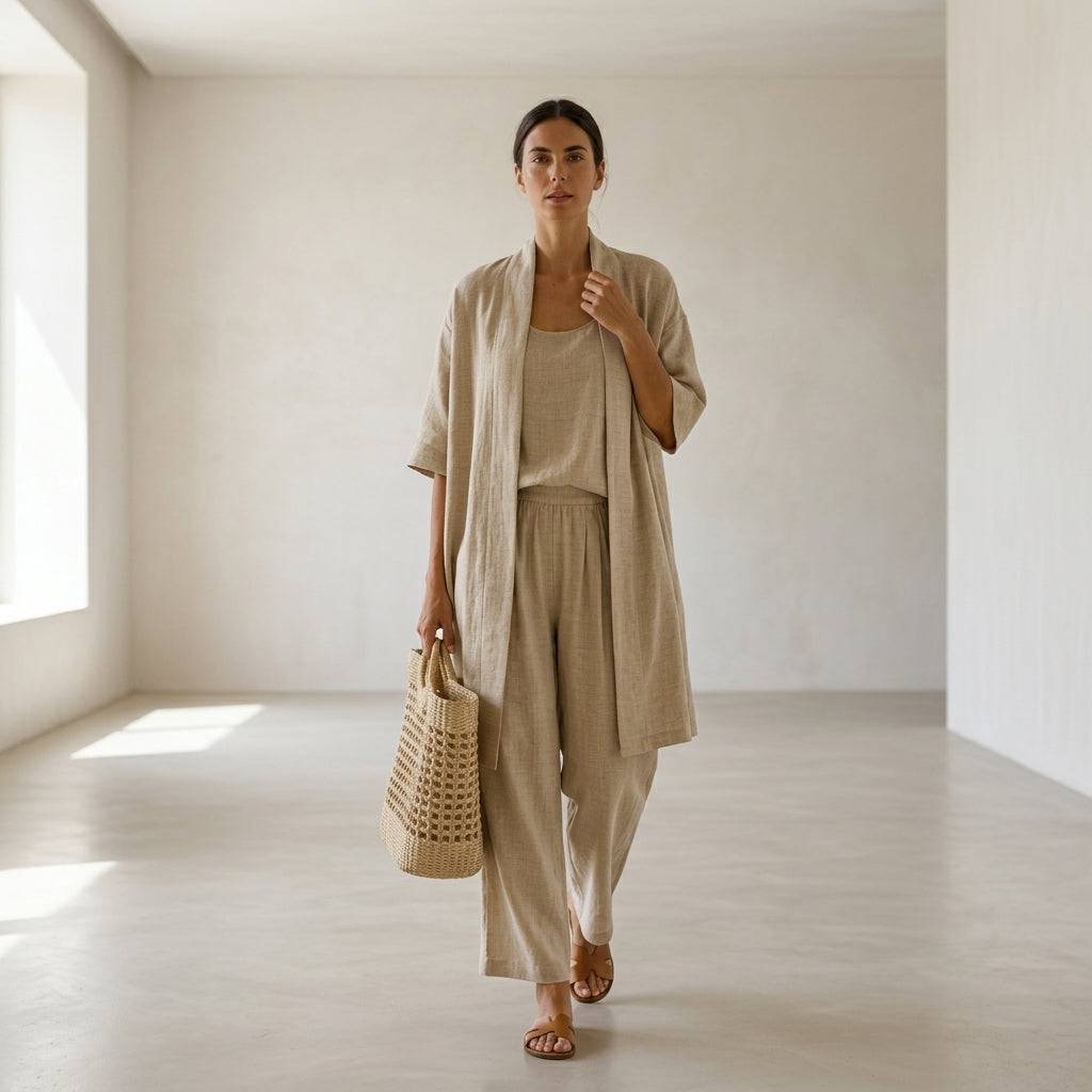 Ensemble de lin Isabela™ beige : veste ample ouverte et pantalon assorti
