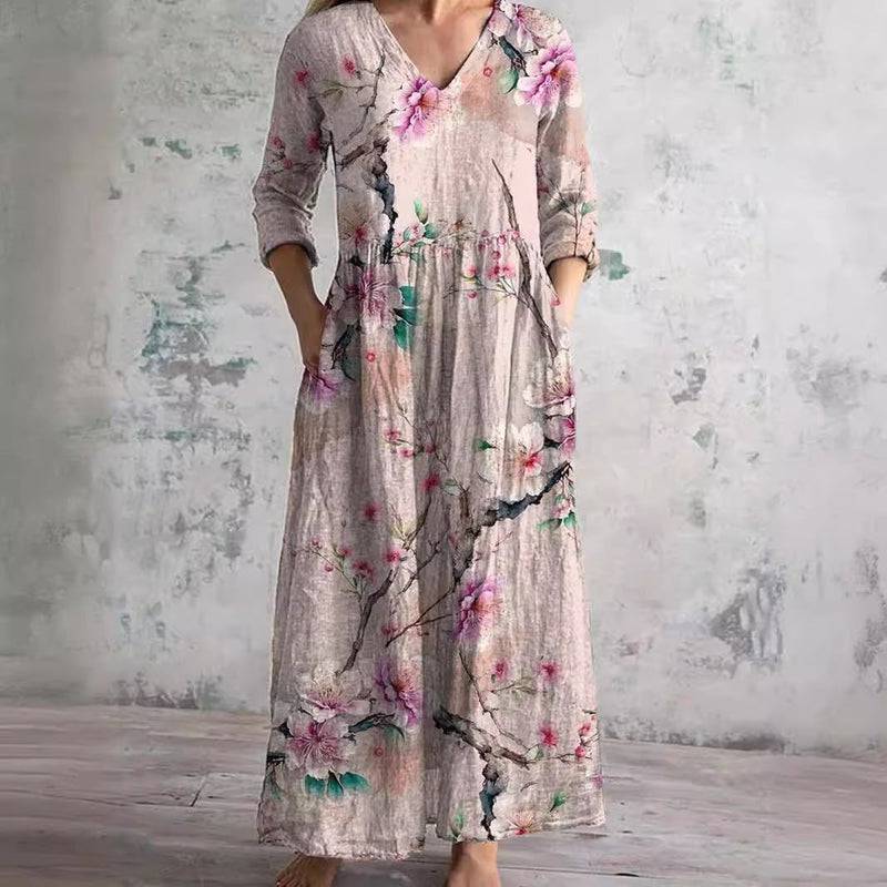 Robe d’été Caroline™ fleurie rose, encolure V, manches 3/4, longue