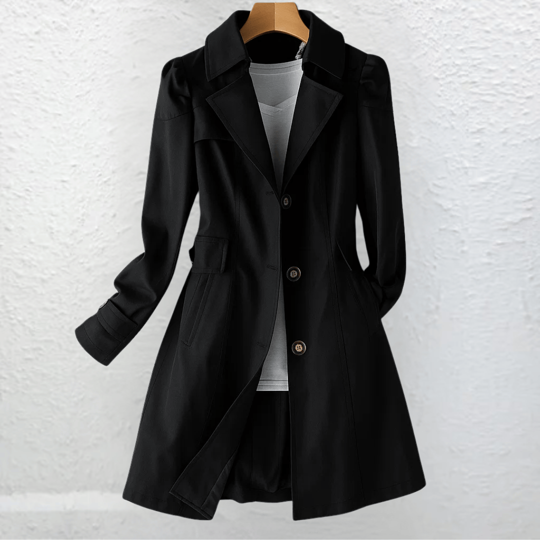 Manteau d’été vintage noir, col à revers, boutons, poches, silhouette cintrée