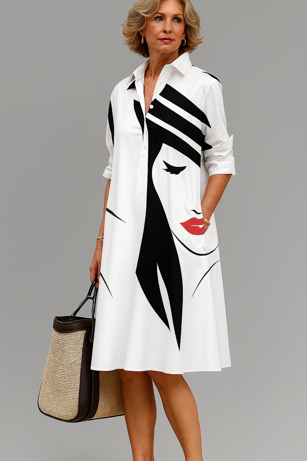 Robe midi blanche à col chemise, manches trois-quarts, motif abstrait noir et rouge