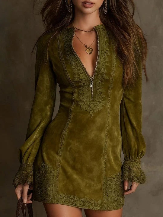 Mini-robe en suédine verte à zip et dentelle, manches bouffantes