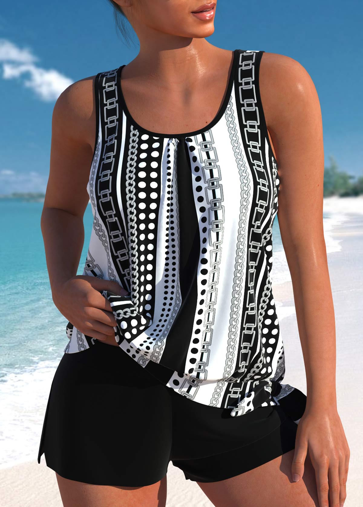Ensemble de bain débardeur noir et blanc à motifs chaînes, pois et short noir