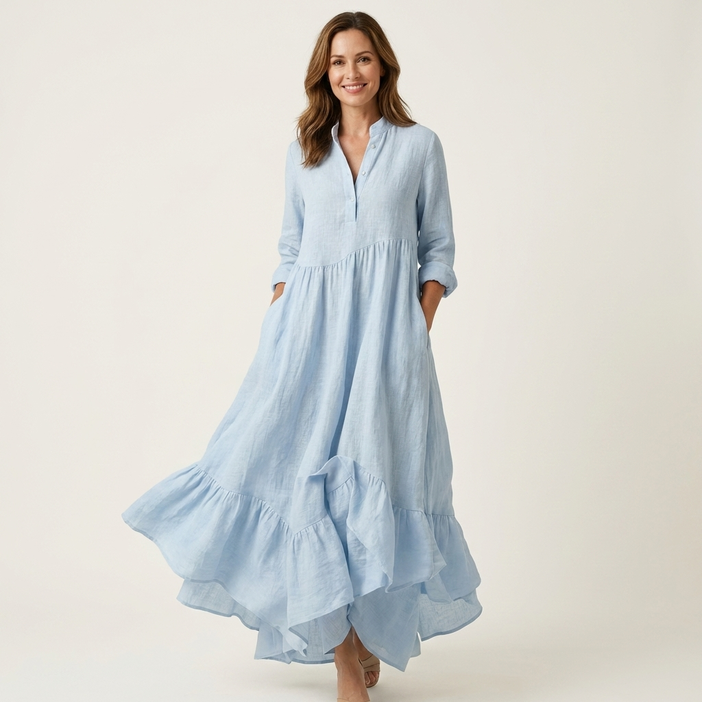 Jilana | Robe maxi à col haut avec boutons et ourlet à volants