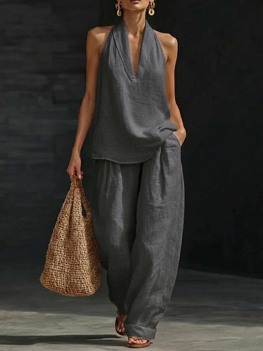 Ensemble sans manches gris, top col V drapé et pantalon large ample