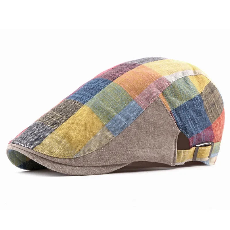 Casquette d’été Bloom™ à carreaux multicolores sur base beige, sangle ajustable visible
