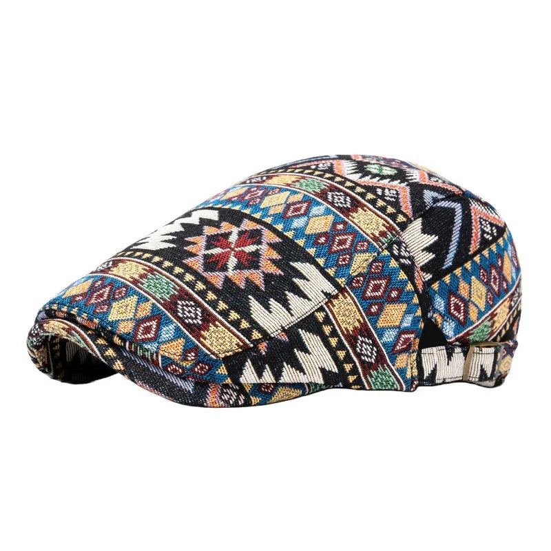Casquette rétro Bloom™ noire à motifs géométriques bleu, beige et rouge, visière courbée