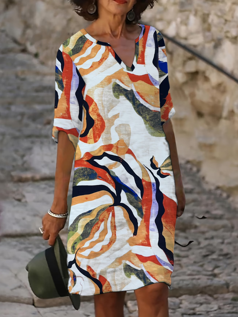 Robe d’été légère blanche à motifs multicolores, encolure V, manches courtes