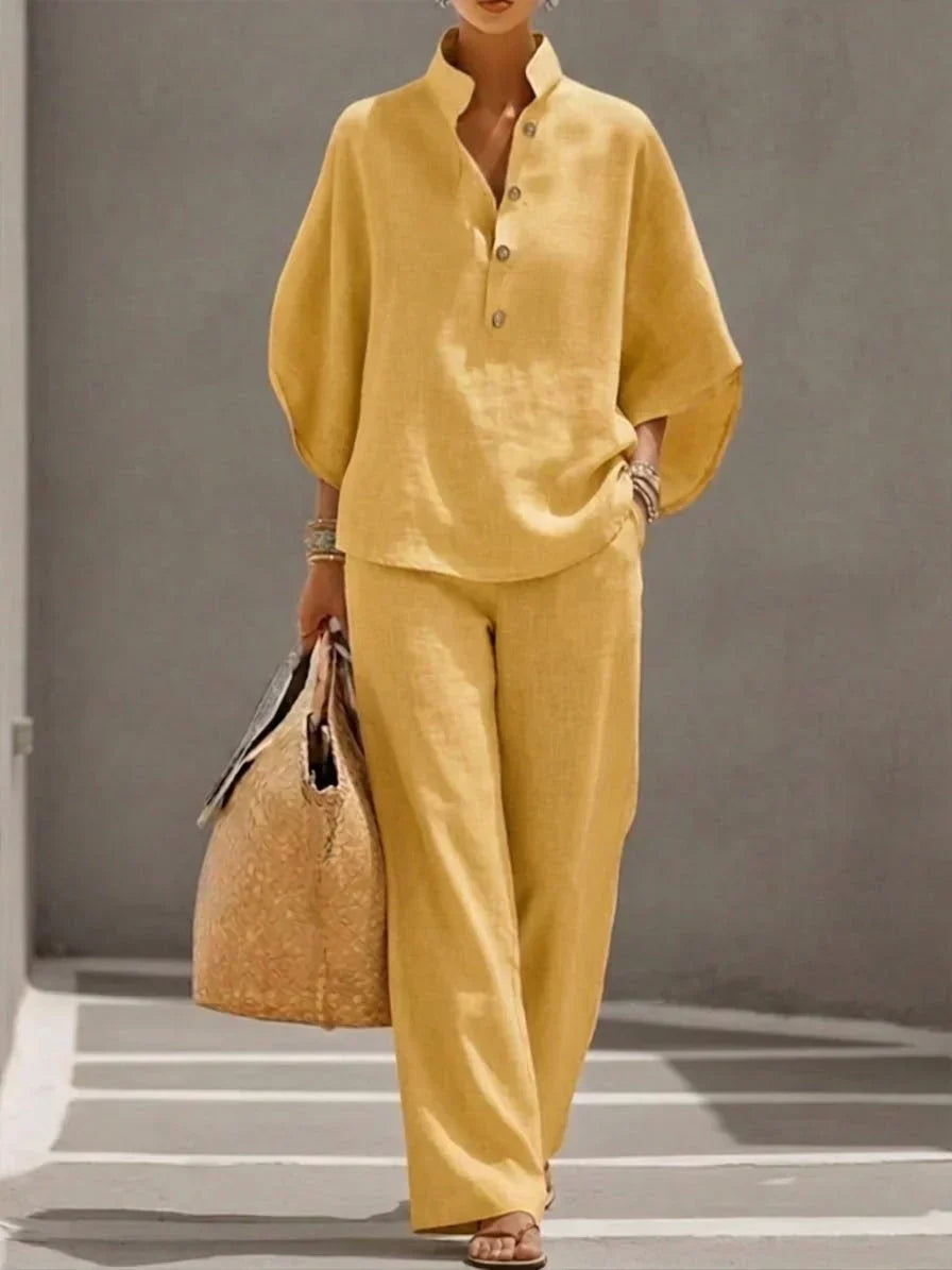 Ensemble en lin jaune : tunique manches chauve-souris boutonnée et pantalon large