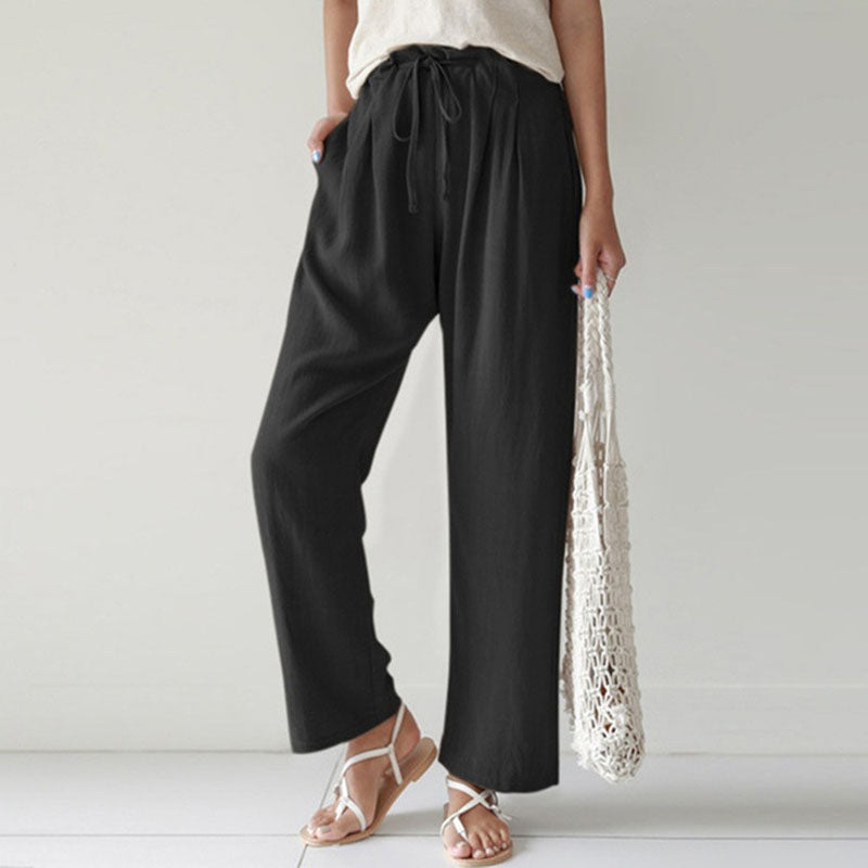 Pantalon ample décontracté noir avec cordon à la taille, jambe droite