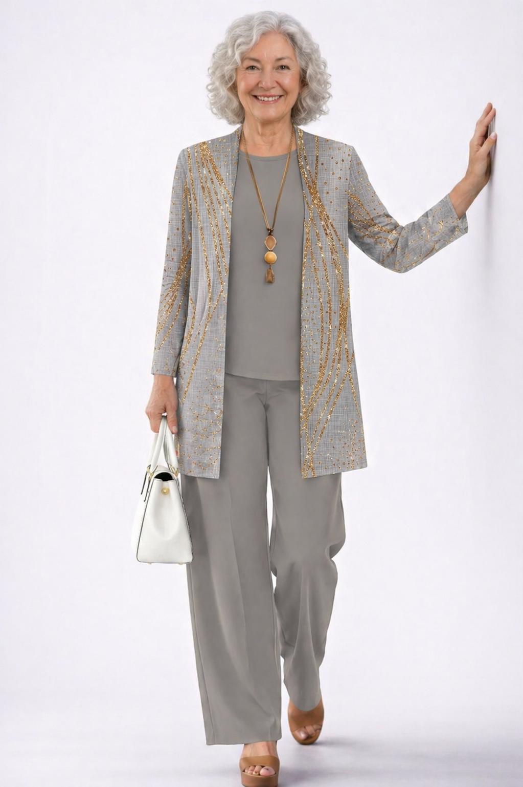 Ensemble 3 pièces : veste longue à motifs bleu et doré, haut et pantalon gris, collier doré