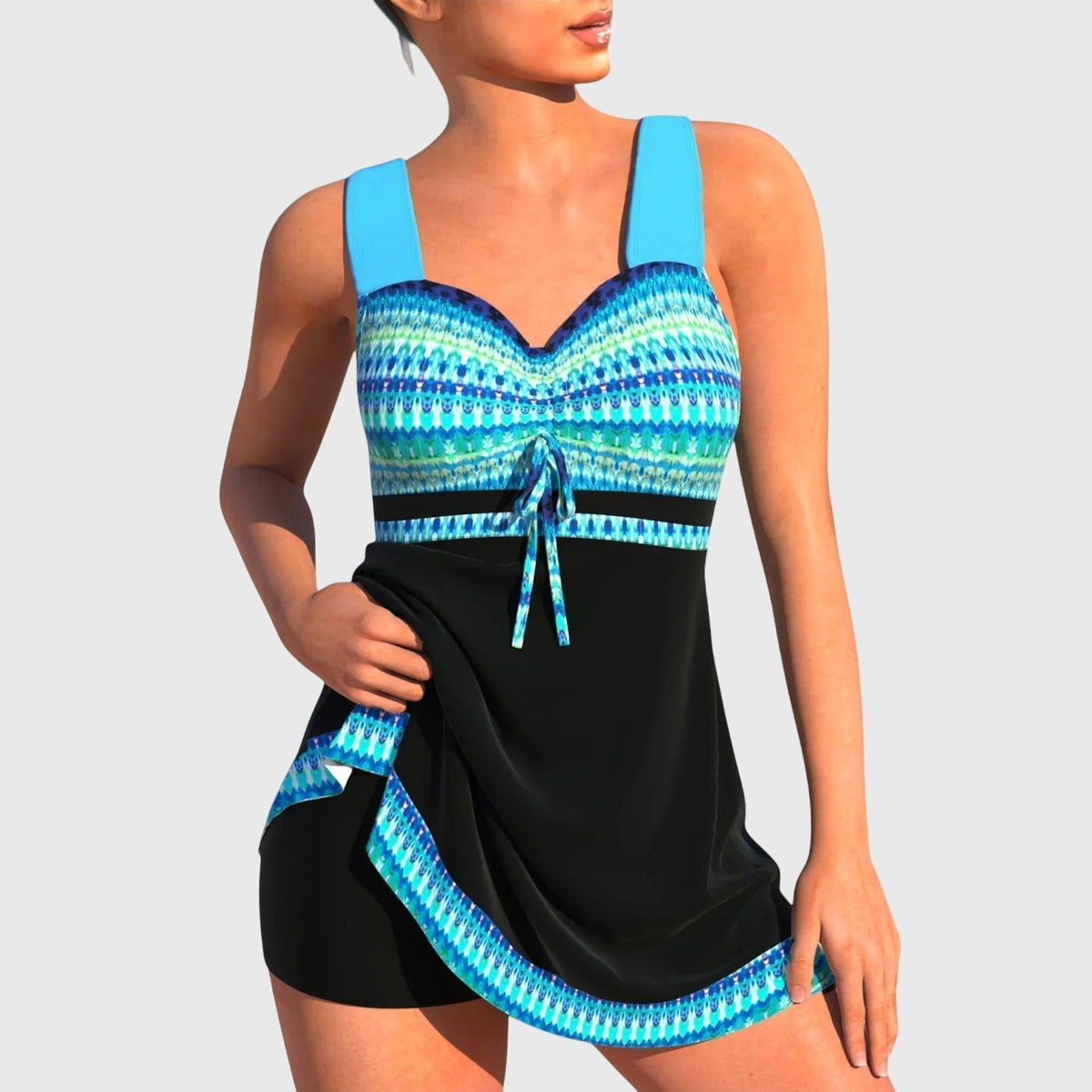 Maillot de bain deux pièces bleu à motifs, brassière décolletée et short noir noué