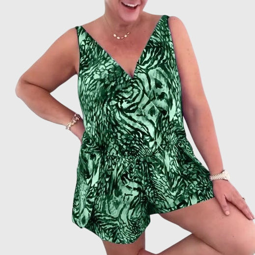 Robe de maillot de bain sans manches, décolleté V, motif vert façon zèbre