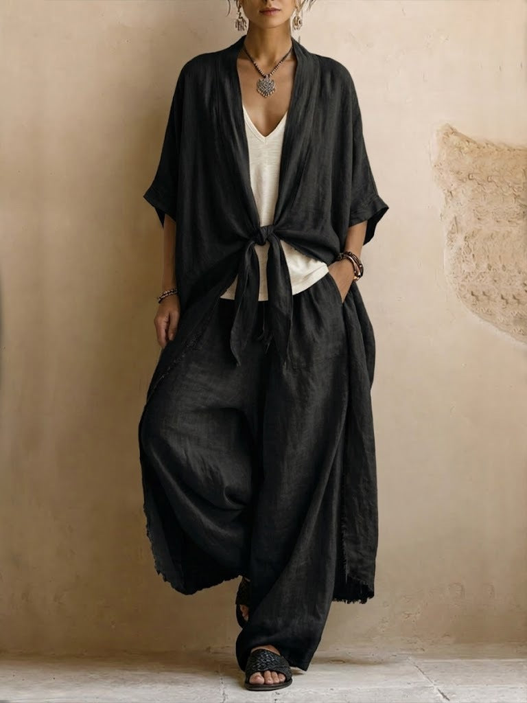 Ensemble kimono en lin noir noué, pantalon large drapé