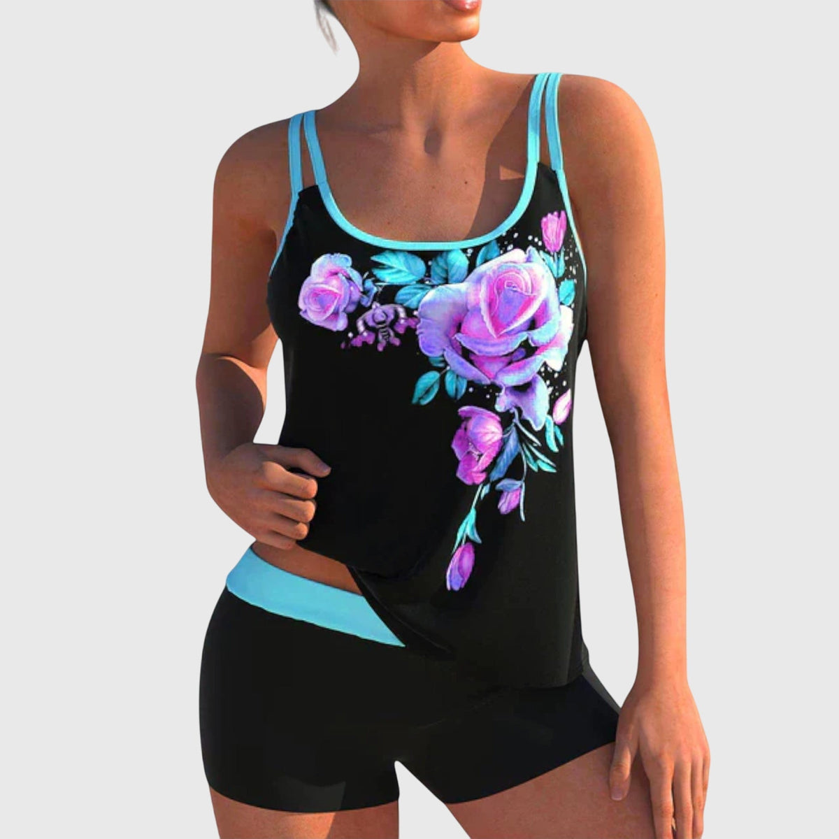 Ensemble tankini à fleurs avec short noir, débardeur à bretelles turquoise, roses violettes