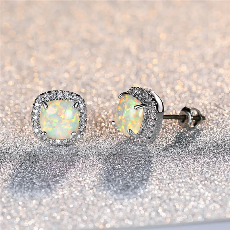 Boucles d’oreilles argent opale de feu ronde multicolore, fermoirs poussettes