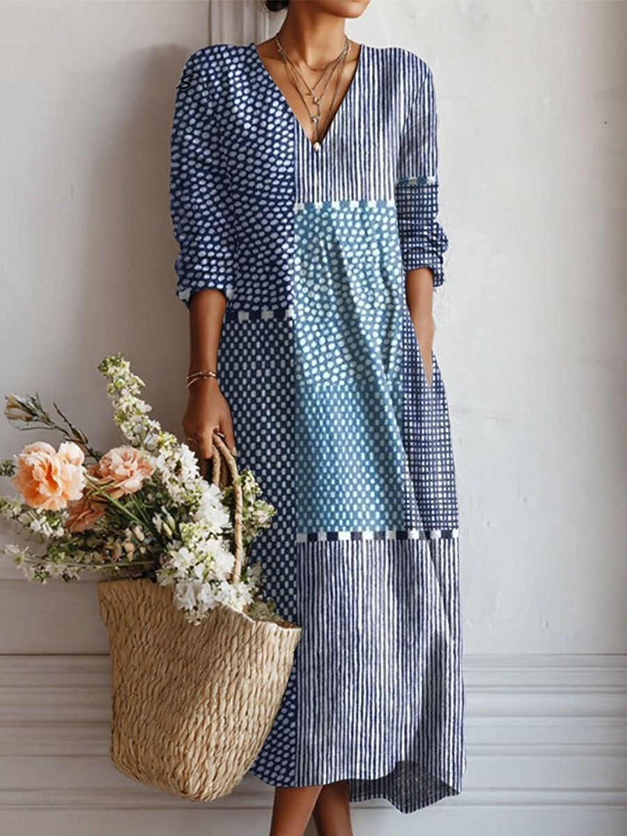 Robe confort midi bleu et blanc à imprimé, encolure V, manches longues élastiques