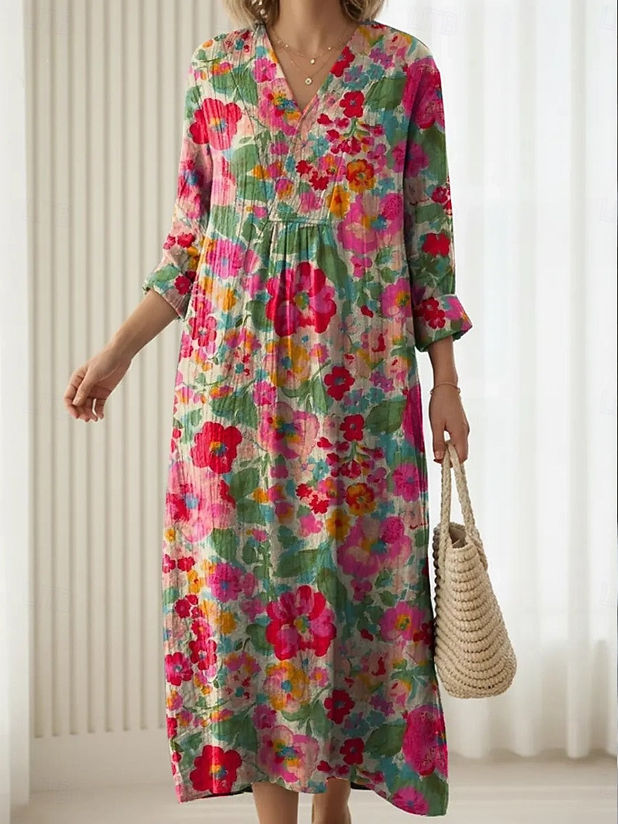 Robe de confort quotidienne Reda™ fleurie multicolore, manches longues, encolure en V, taille froncée