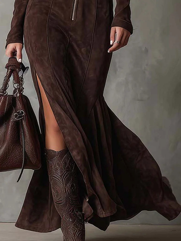 Marceline | Robe Longue Marron avec Ceinture