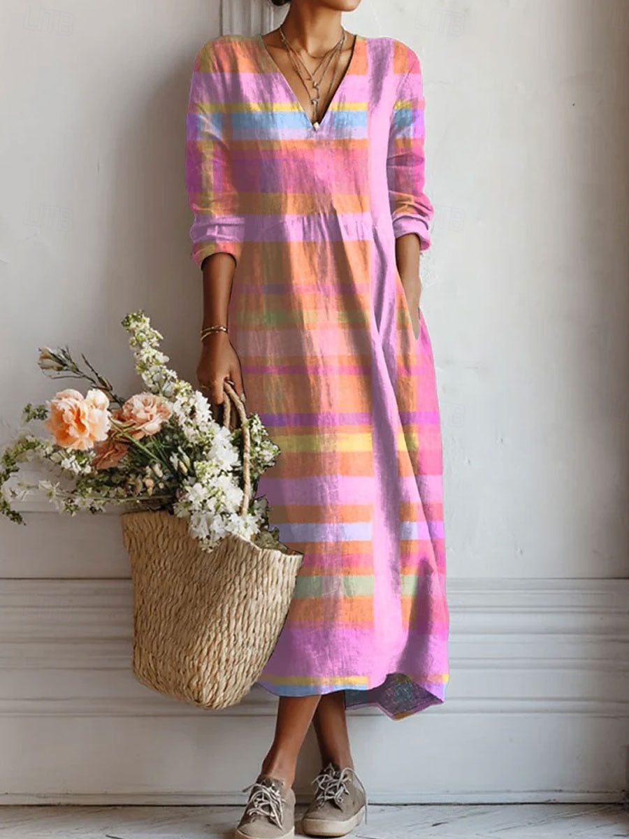 Robe de confort quotidienne Sara™ à rayures multicolores, encolure V, manches longues.