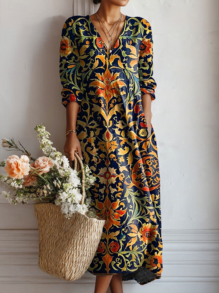 Robe Yana™ longue multicolore à motifs floraux, encolure en V, manches longues