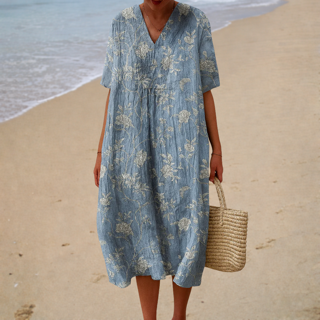 Robe midi bohème bleue à imprimé fleurs, encolure V et manches courtes bouffantes