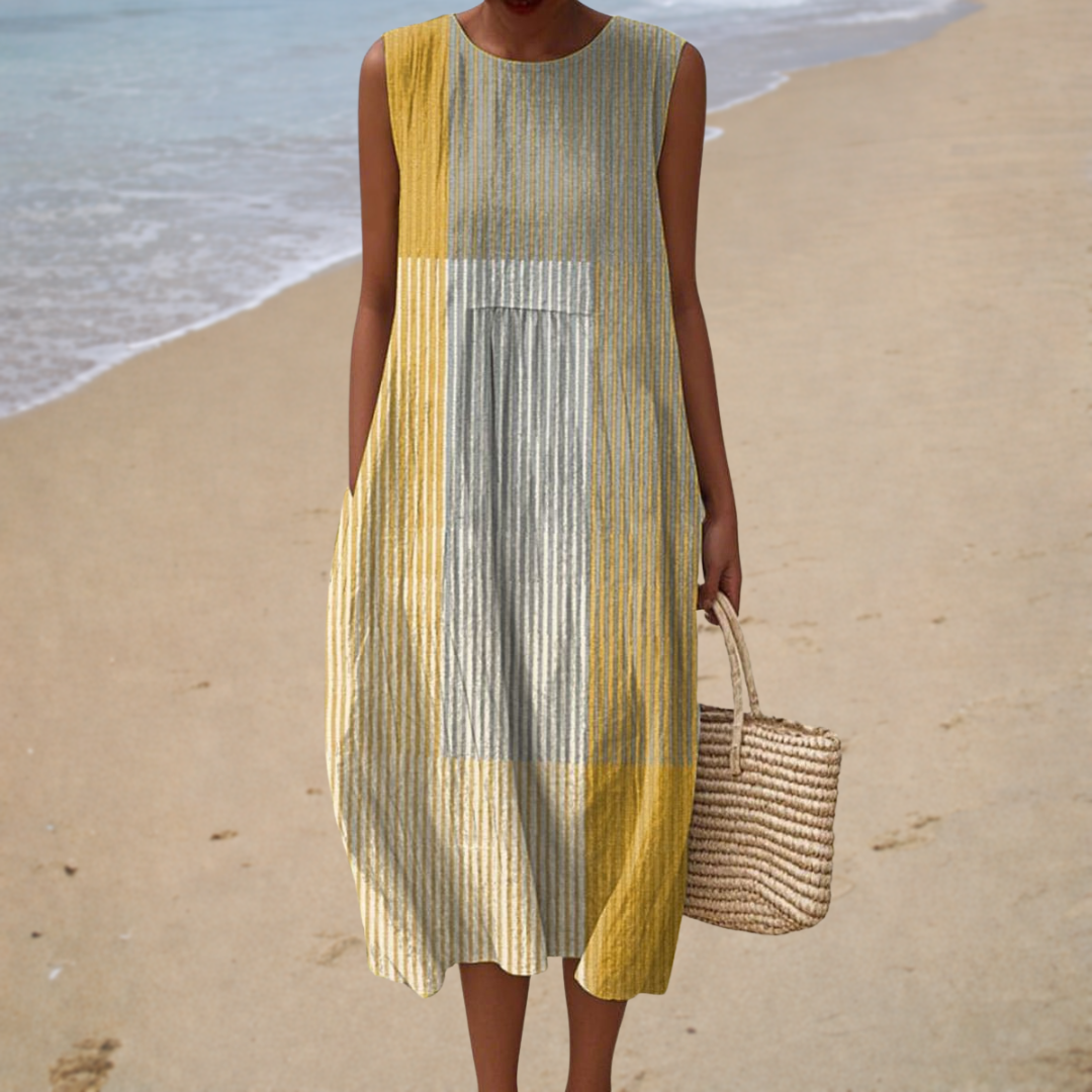 Robe midi sans manches rayée verticalement jaune, blanc et gris