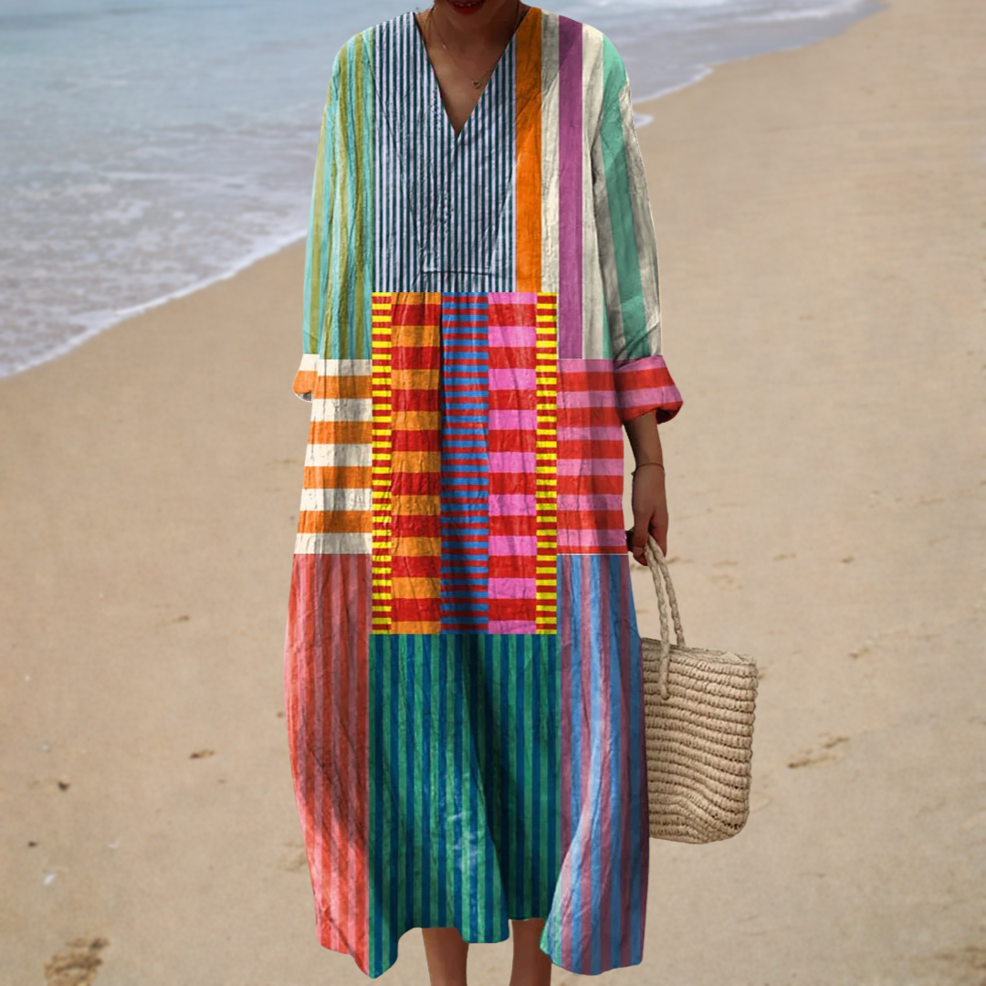 Robe longue colorblock à rayures verticales, encolure en V, manches longues