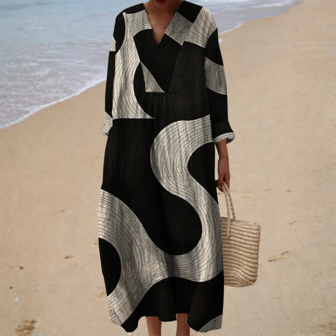 Robe longue noire à motifs graphiques abstraits noir et blanc, manches 3/4, encolure V