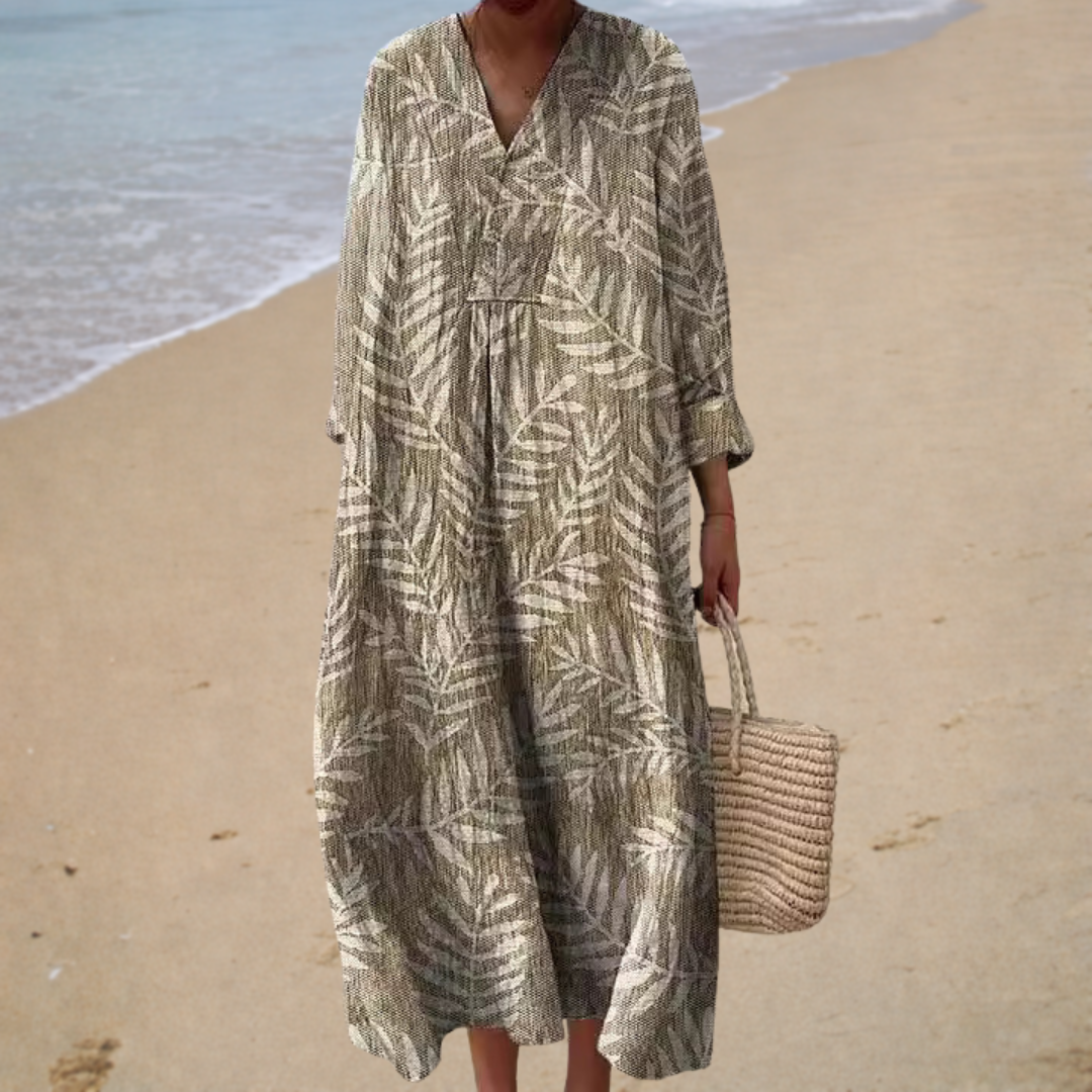 Robe longue ample en lin naturel à motifs feuillages, encolure en V, manches trois-quarts