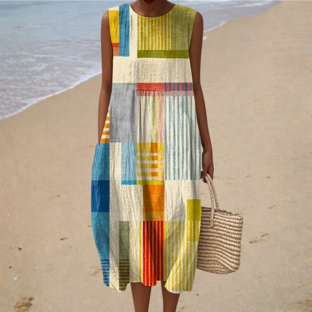 Robe midi graphique sans manches, patchwork multicolore avec rayures verticales