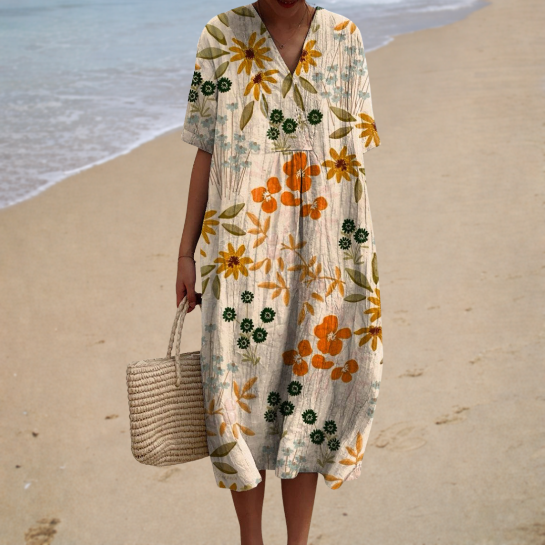 Robe champêtre ample col V manches courtes imprimé floral multicolore sur fond clair