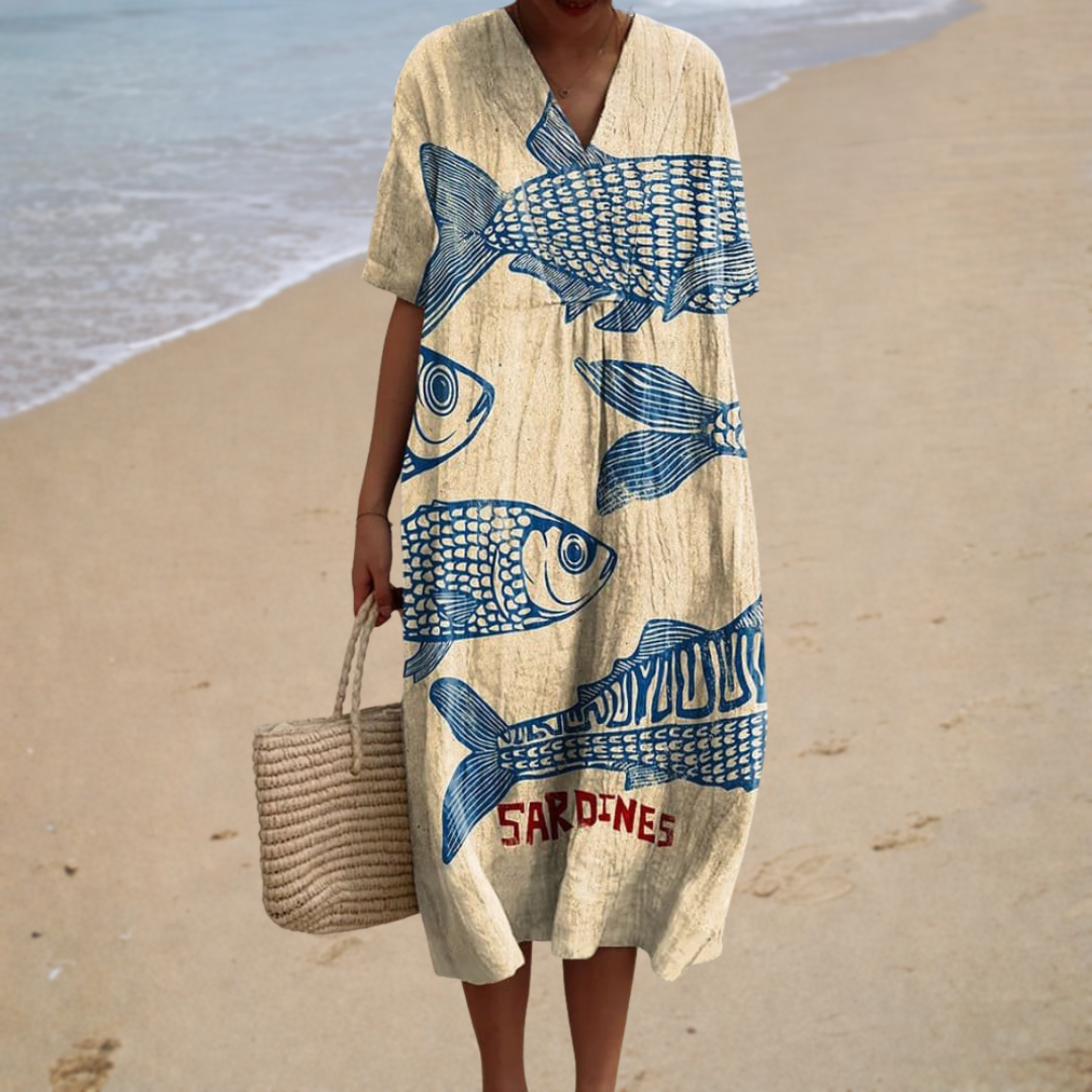 Robe longue beige à manches courtes, imprimé sardines bleu, encolure V