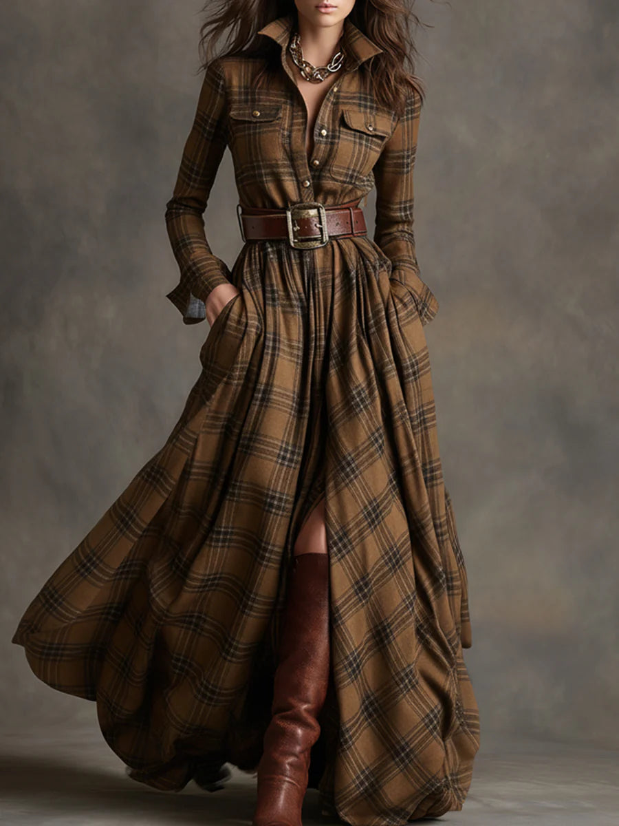Béatrice | Robe Longue à Carreaux avec Ceinture