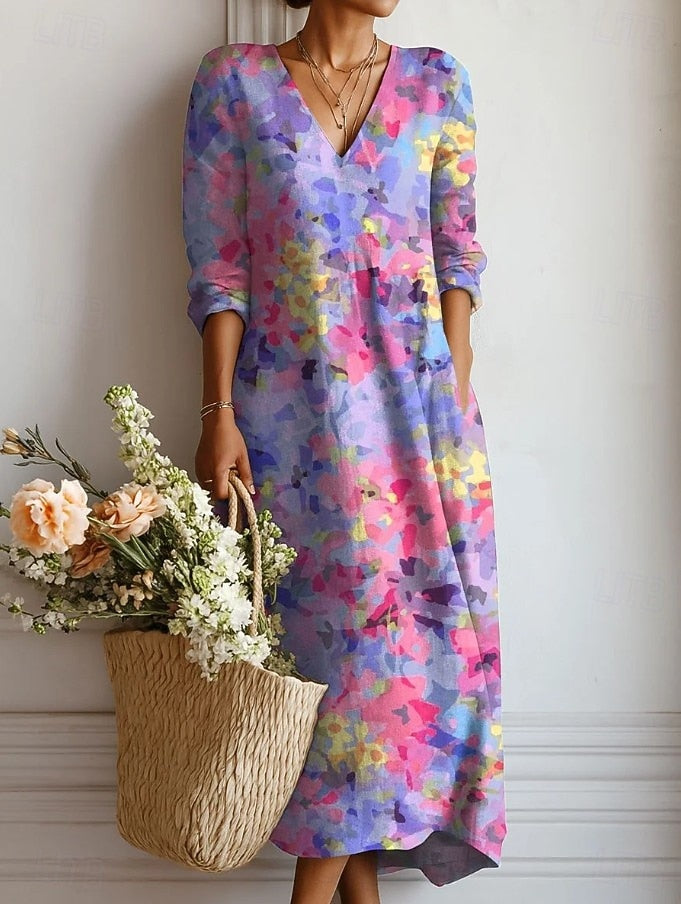 Robe de confort quotidienne violette à encolure V, manches longues, motif abstrait multicolore.