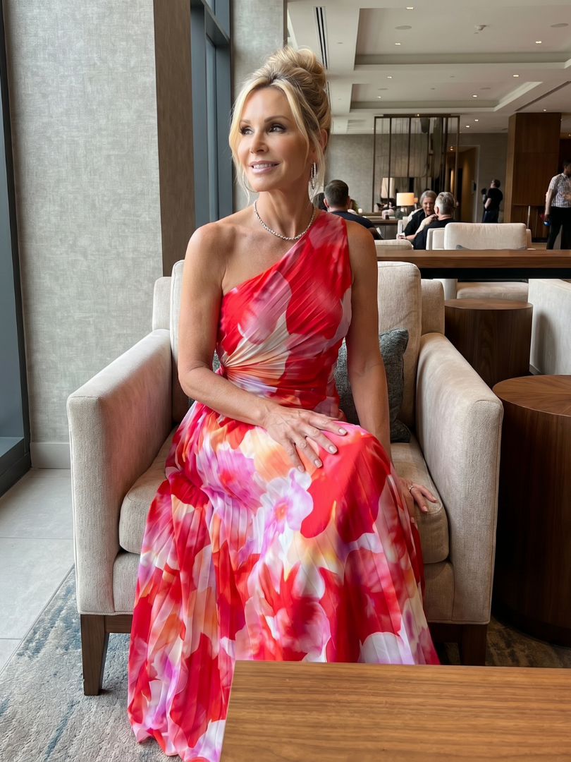 Robe midi plissée asymétrique à une épaule, imprimé floral rouge et blanc