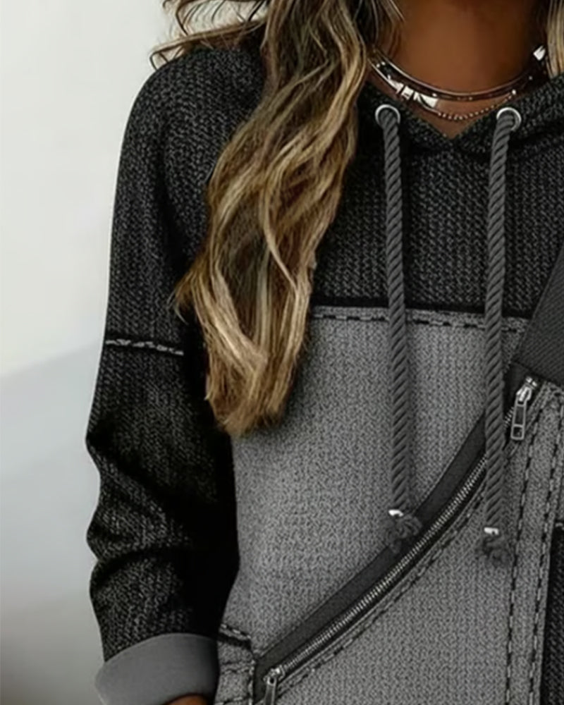 Sweat à capuche color-block gris et noir, cordons de capuche, poche kangourou