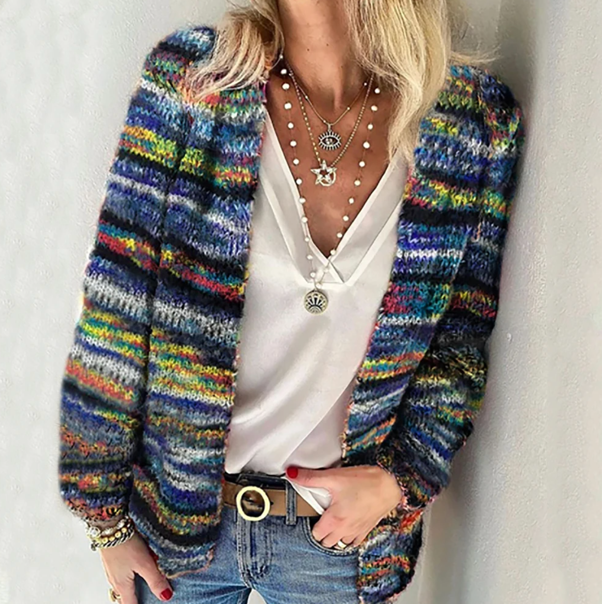 Cardigan en maille multicolore à rayures, manches longues, ouvert sur le devant