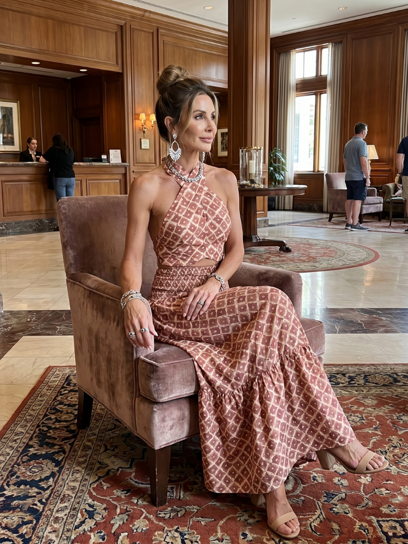 Robe midi asymétrique imprimée géométrique brique, ceinture nouée et volants.