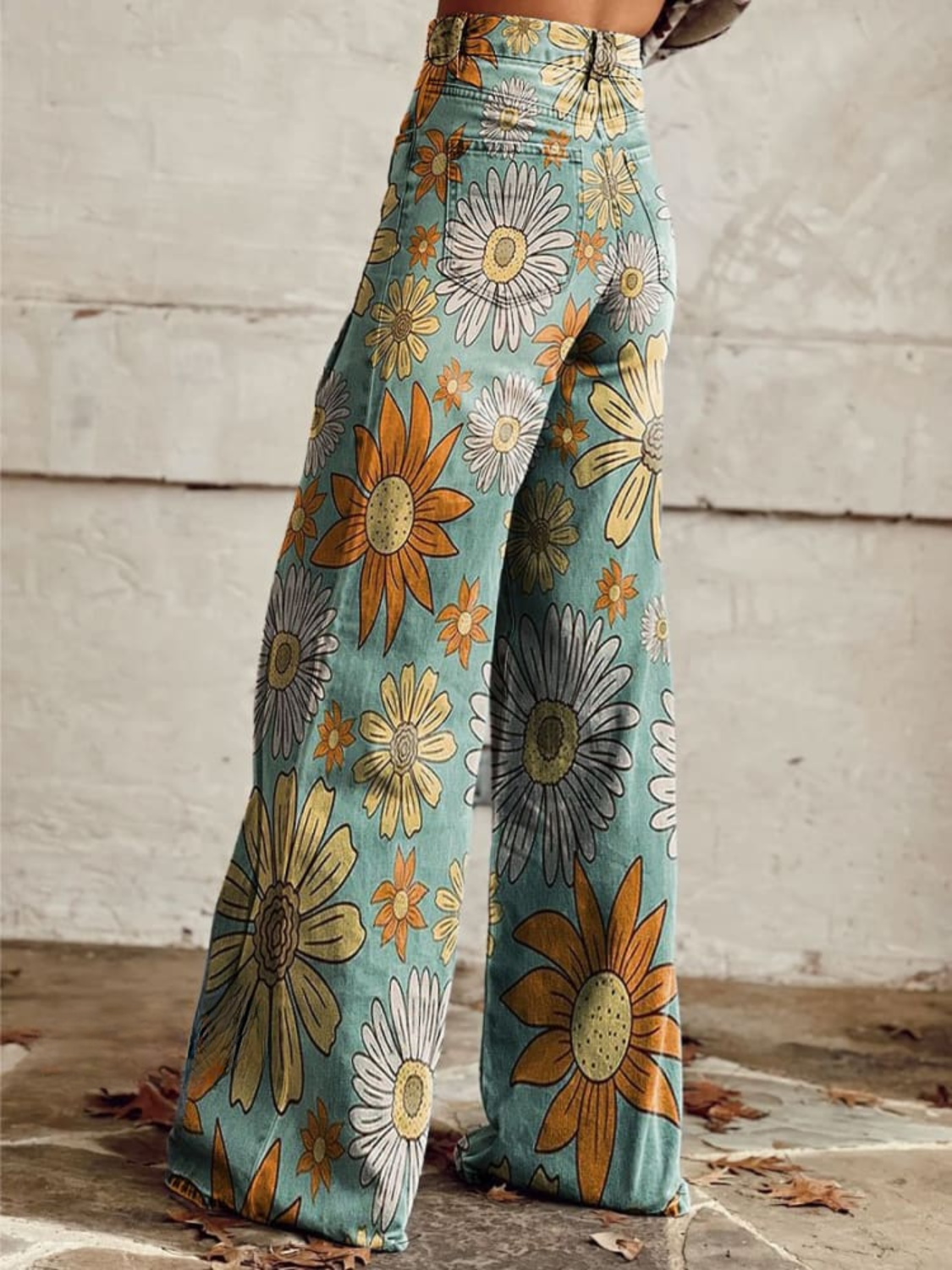Pantalon palazzo fleuri Cirilla à taille élastique, jambes larges vert et jaune