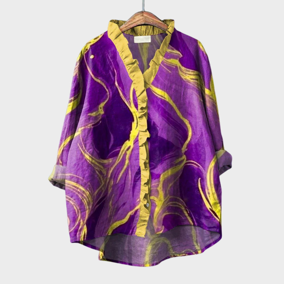 Chemisier d’été en lin violet à motifs abstraits jaune, col V boutonné