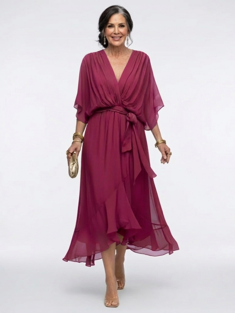 Elysia | Robe midi drapée avec décolleté en V et ceinture à la taille