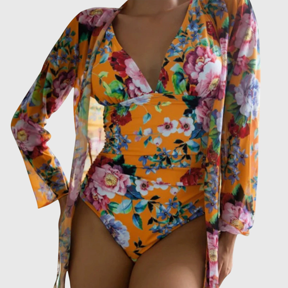 Ensemble maillot de bain Linnea floral orange, une pièce + kimono manches longues