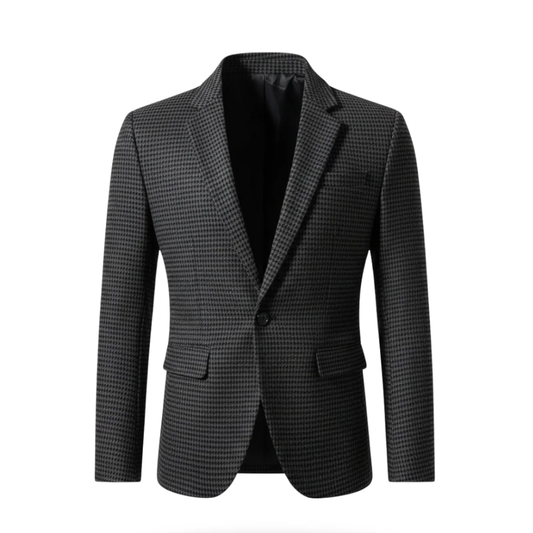 Blazer homme sur mesure prince de Galles gris foncé, revers à pointe, fermeture boutonnée