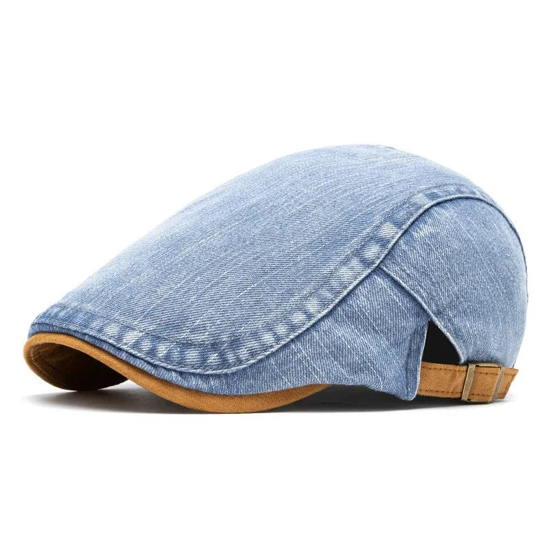Casquette vintage réglable en jean bleu clair, coutures diagonales et sangle à boucle