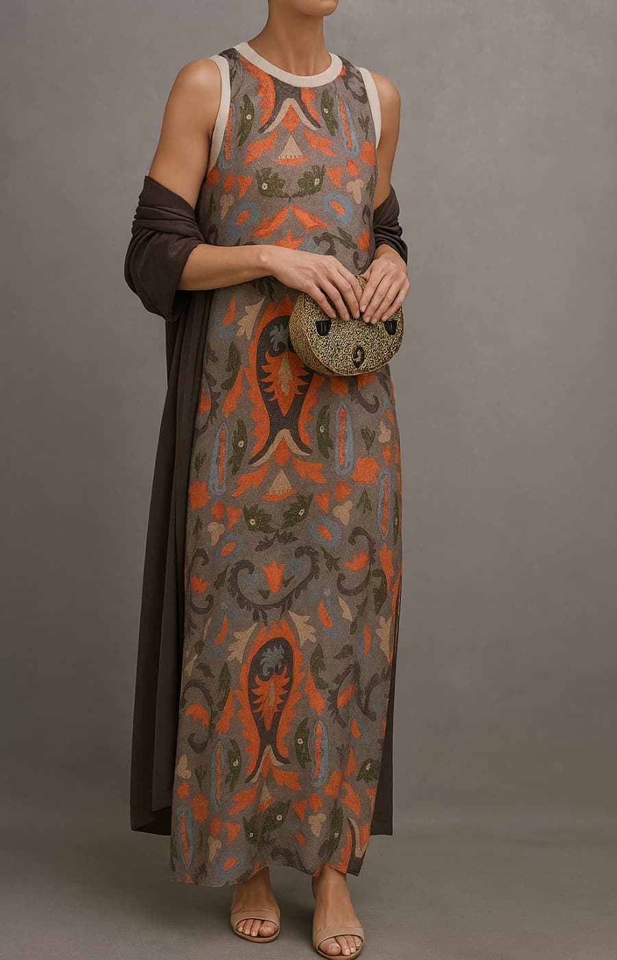 Robe longue sans manches imprimée, avec gilet noir drapé sur les bras